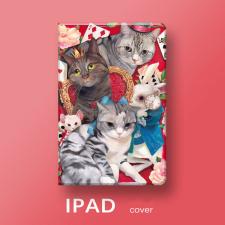 赤いアイパッドケース猫2018iPad 9.7インチ可愛いネコ10.5Pro/Air1/2mini3/4タブレットカバー高級レザー製ねこ柄スタンド機能新型iPad 9.7(2018/2017)おしゃれイラスト キャット男女ペアpro 11