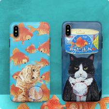 かわいいネコお揃いiPhone 13 Proスマホケース猫と金魚アイフォン14 Pro Max/11/SE第2世代カバー薄型ねこ黒猫 缶詰おもしろいiPhoneXS/XR男女ペアケース トラネコ可愛い