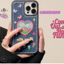 韓国ファッションiPhone 14 Plus/14 Proケース個性的デニム刺繍可愛いアイフォン14 Pro Max/13スマホケース蝶iphone14promax花柄13/12/14plus高級耐衝撃ソフトカバー携帯ケース本デニム生地使用