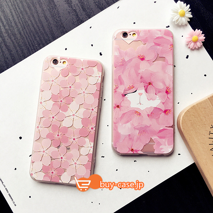
ピンク粉色ネコiPhone 6 6Sケース花柄桜さくらアイフォン6splusソフトTPU
