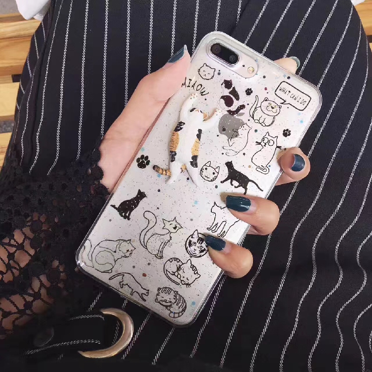 iPhone8/7アイフォンケース8plusキャラクター夏向け透明三毛猫背伸びするネコiPhone6plus/7plusクリア携帯カバー