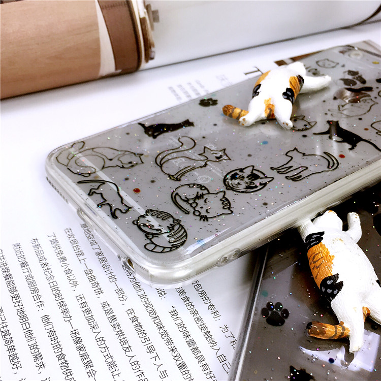 ねこiPhone8/7アイフォンケース8plusキャラクター三毛猫背伸びするネコiPhone6plus/7plusクリア携帯カバー