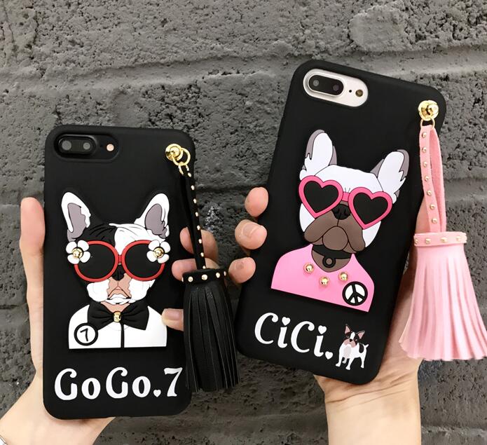 カワイイ犬フレンチブルドッグiPhone7 plusケース立体リベット飾りフリンジ付きアイフォン6s/7ソフト
