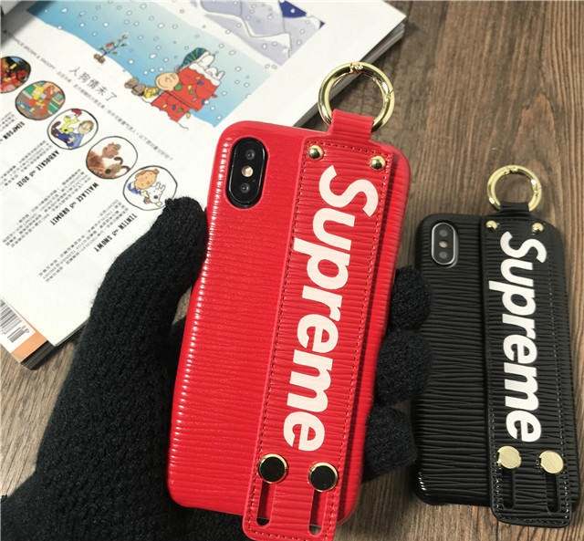Supreme革製レザーiPhone8plusケースおしゃれハンドストラップ付きスマホケースiPhone8面白いブランド男女