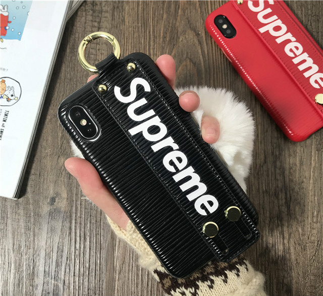 シュプリームSupreme革製レザーiPhone8plusケースおしゃれハンドストラップ付きスマホケースiPhone8面白いブランド男女