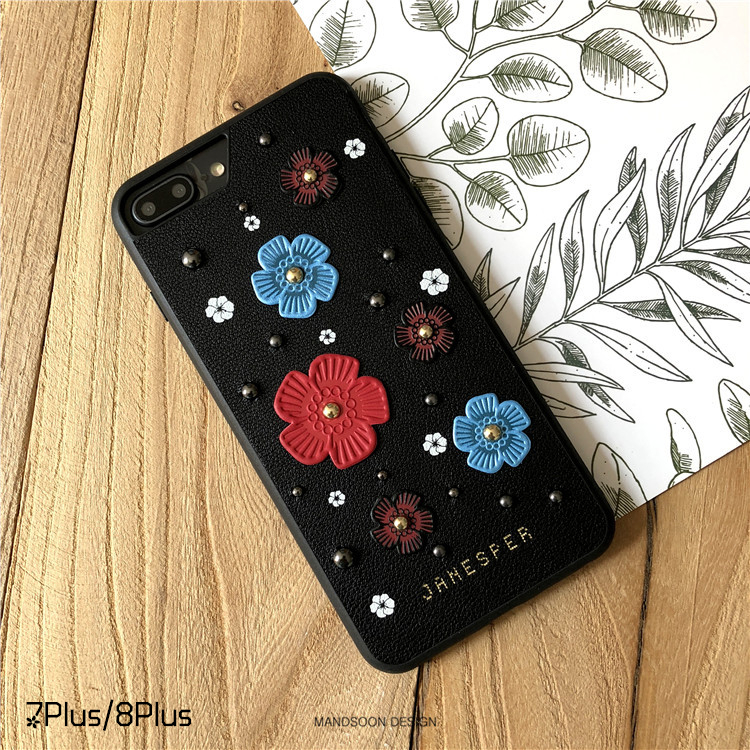 レザーiPhoneX Plusケース立体花リベット綺麗カバー多色展開カラフル