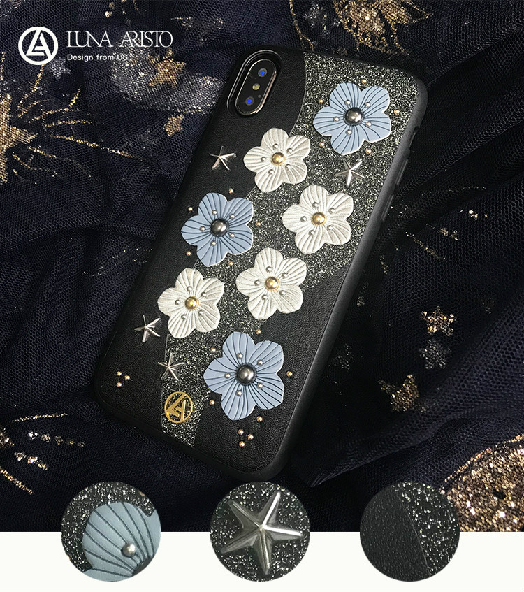 ピンク色青黒い花柄立体的お花iPhonexケース綺麗フラワーXS/XS Plus携帯カバー革製レザー女性ソフトアイフォンX