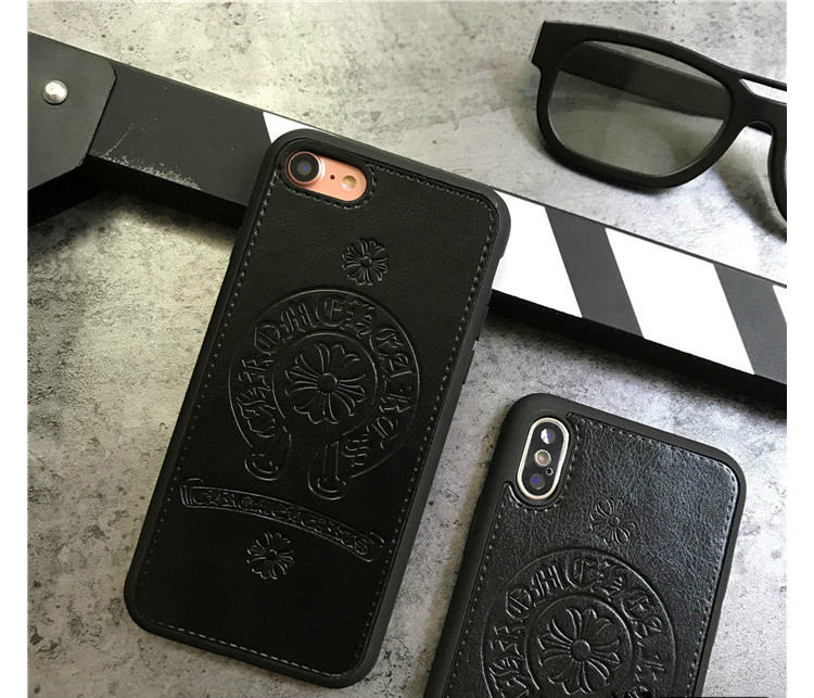 iPhone XRおしゃれブランド クロムハーツ黒いスマホケースiPhoneXS 6splus高級レザー携帯カバー革製型押し革アイフォンXR