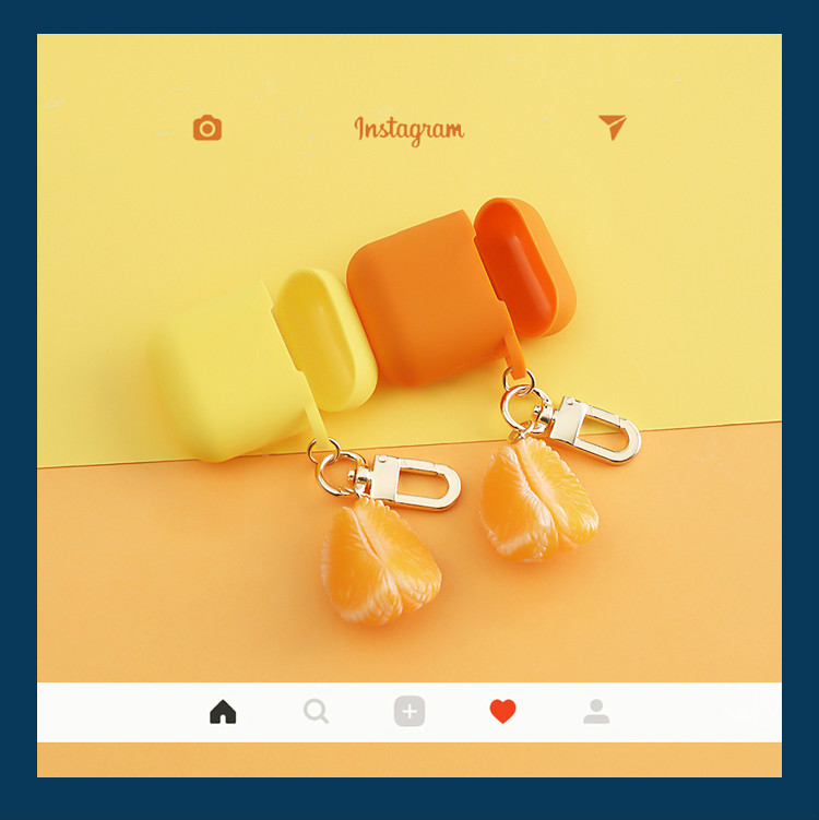 インスタ映え韓国デザイナー オレンジ蜜柑airpodsケース ミカン シリコン耐衝撃カラビナ付カワイイ