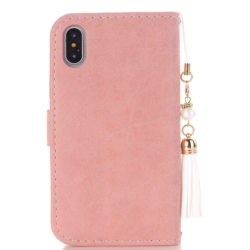 iPhone8plus手帳ケース カード入れ柔ない本革携帯カバー ピンク エレガント ストラップ付き