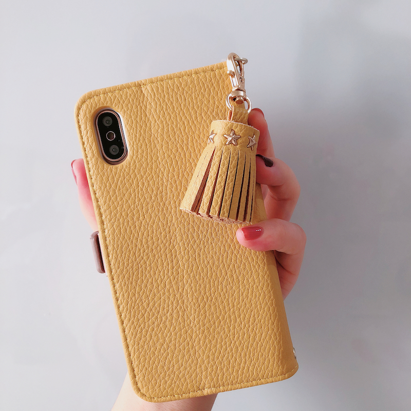 女っぽいiPhoneXSMax手帳型XR黄色アイフォン8Plus/7携帯カバー爽やか芥子色