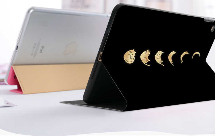 猫柄月食ipadproケース黒色iPad air 4 第4世代三つ折りレザー2020ネコ柄手帳型ipad 10.2 mini3/2ペン収納付き