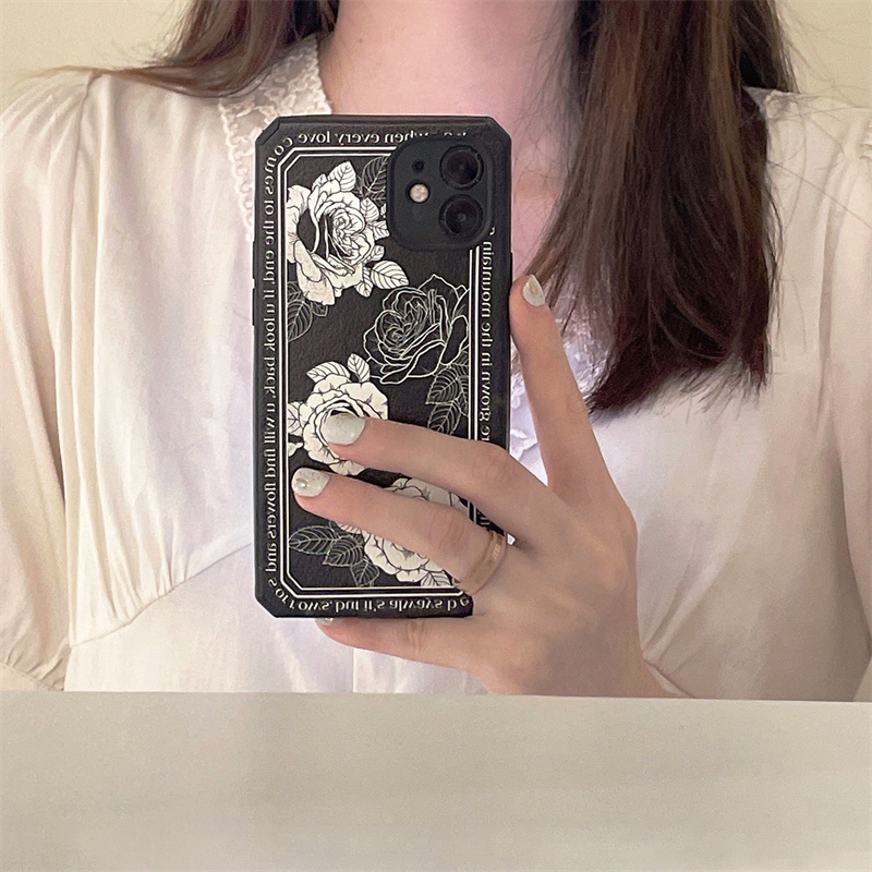 クラシック黒い白いiPhone 13 Proケース花柄エレガント イラストお花iPhone13ケース promaxカバー