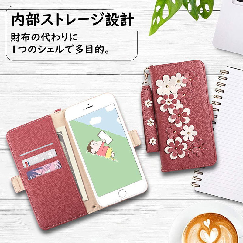 手帳型レザー赤色アイフォンケース花柄XR耐衝撃ストラップ付きiPhone12合皮
