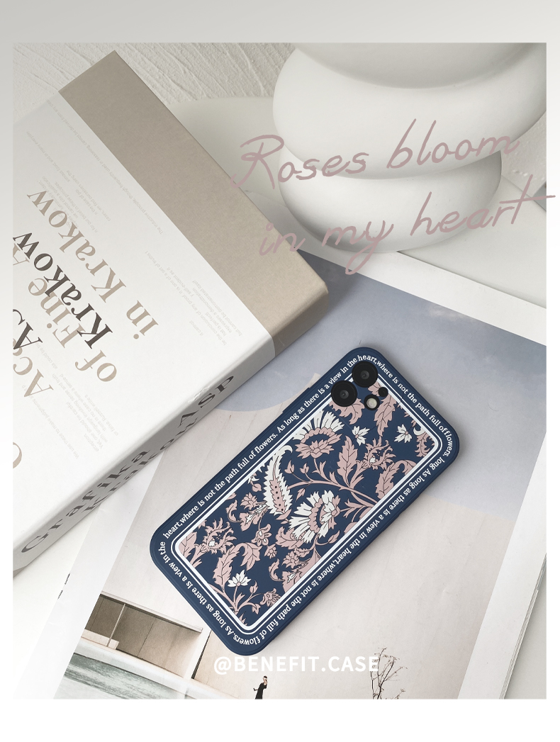 レトロケースiPhone12proMax可愛いスマホケース クラシック紺色13mini花柄エレガント