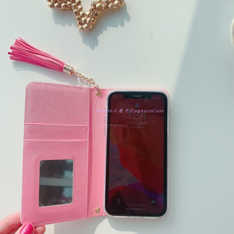 手帳型レザーiPhone11手帳カバー ピンク色バラ色カード収納レディース本革スタンド機能