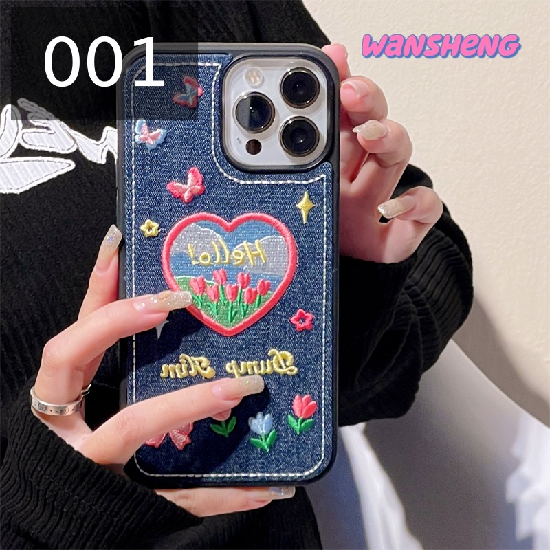韓国ファッションiPhone 14 Plus/14 Proケース個性的デニム刺繍可愛いアイフォン14 Pro Max/13スマホケース蝶