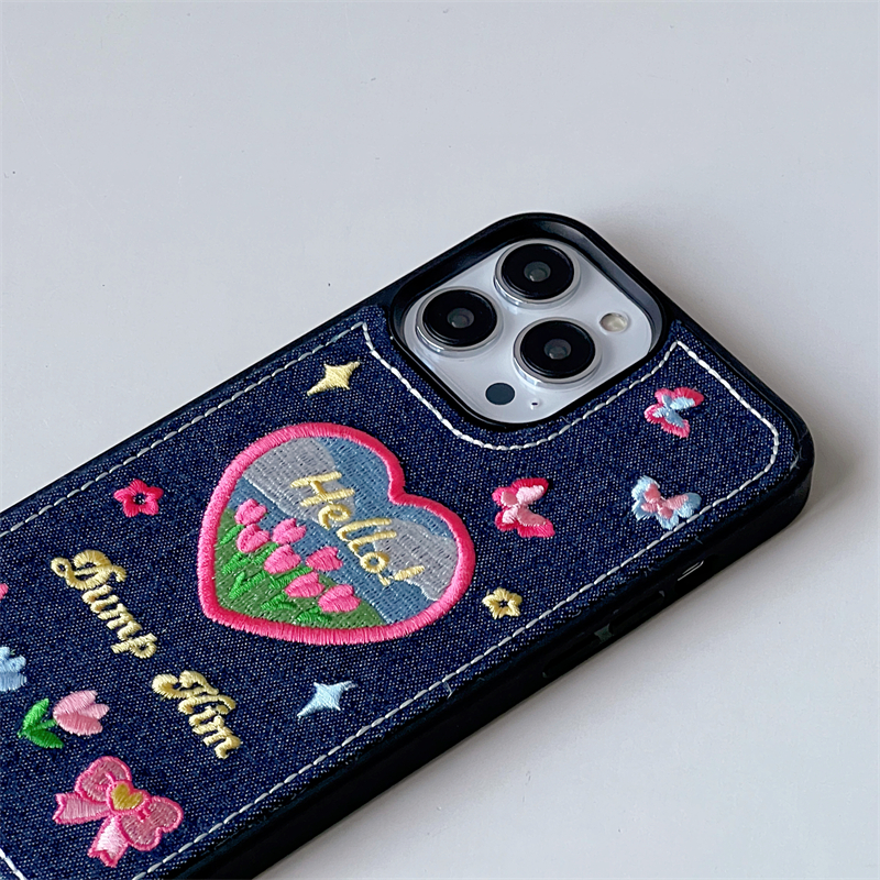 韓国ファッションiPhone 14 Plus/14 Proケース個性的デニム14 Pro Max/13スマホケース蝶