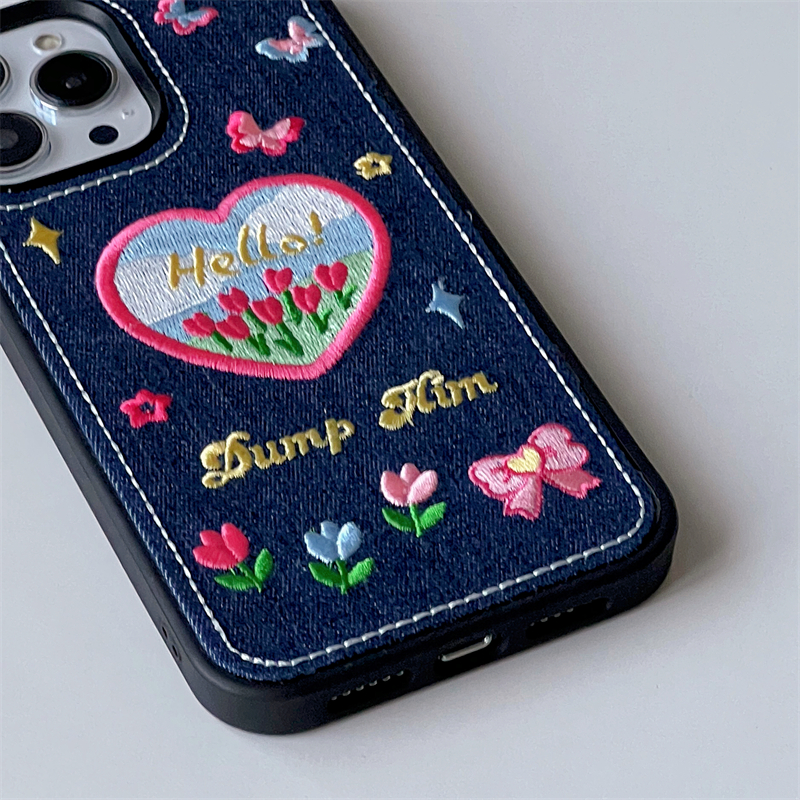 韓国ファッションiPhone 14 Plus/14 Proケース個性的デニム刺繍13スマホケース蝶