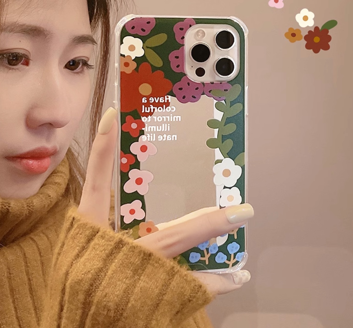 韓国ファッション花柄笑顔iphone13/15proケース スマイル可愛い鏡付きアイフォン13Promax/14 Pro Max