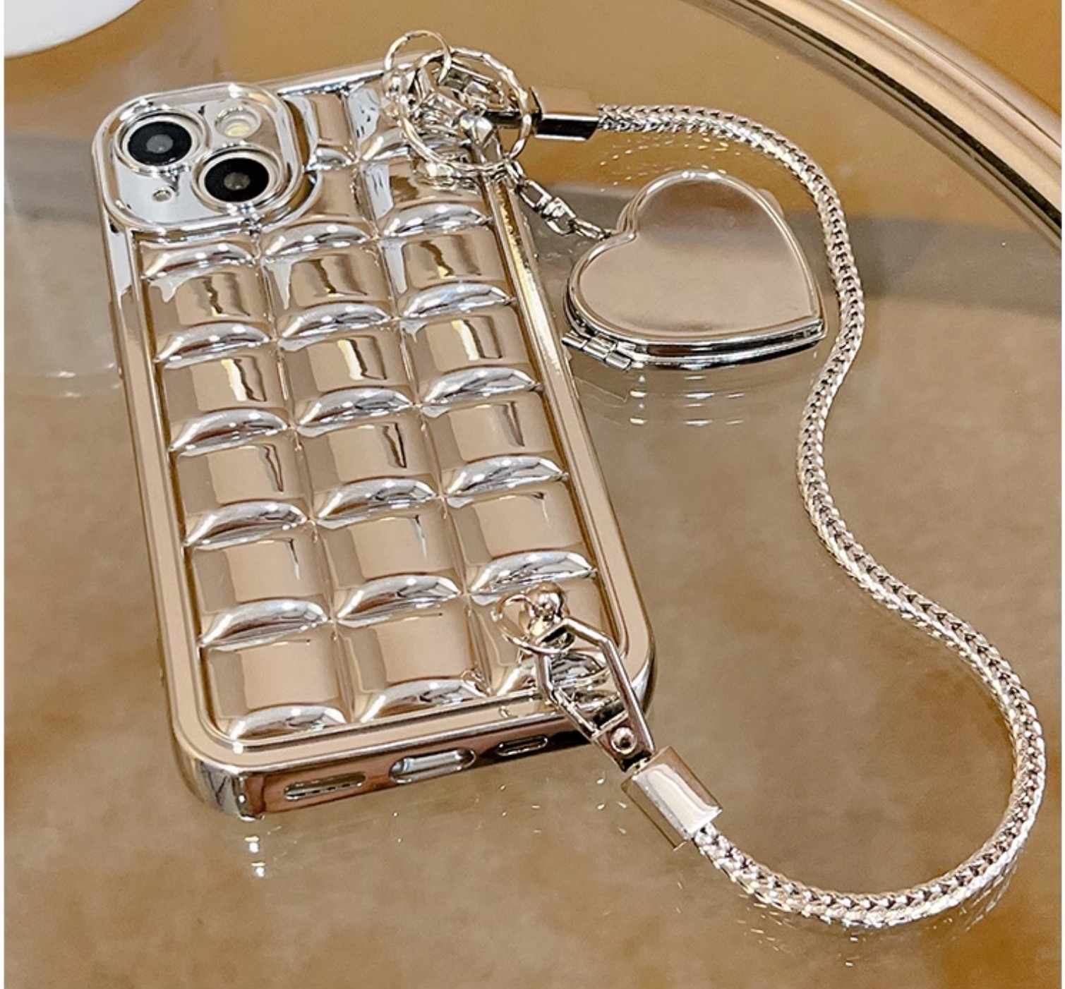 14Promaxケース 銀色チェーン付きiPhone13ソフトケース12/11ストラップ女アイフォン16 Pro Max/14plusカバー鏡付き可愛い個性的iPhone 16